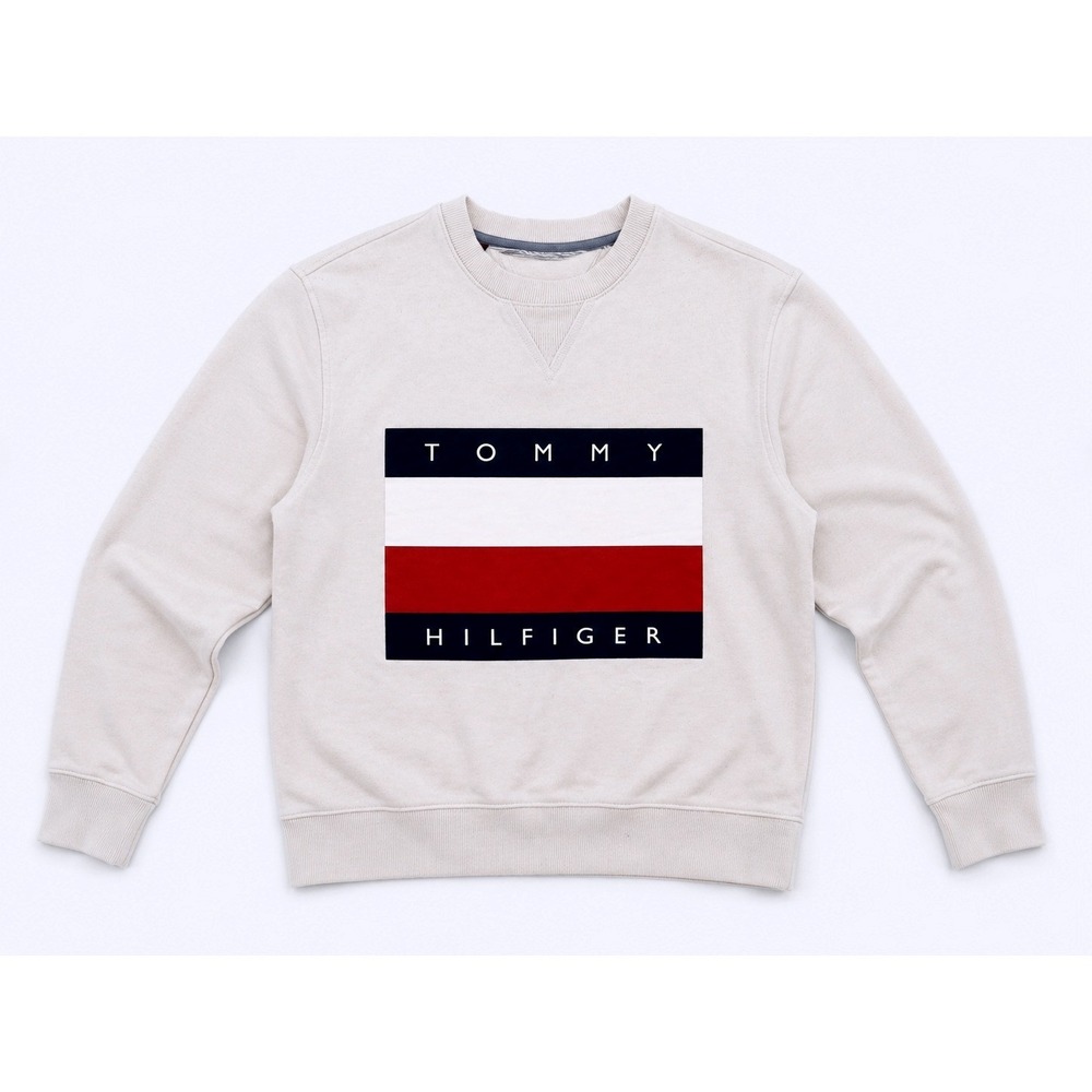 Tommy Hilfiger Flag Logo Crewneck Sweatshirt Cream Pullover Medium